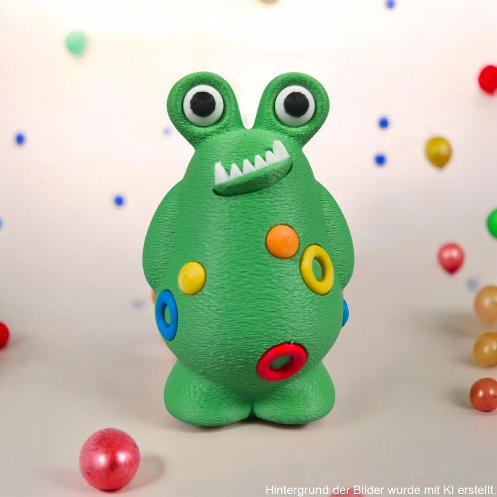 3D-Druck Mutmachmonster „Hugo“ mit großen Augen und bunten Punkten, freundliche Figur als Geschenkidee